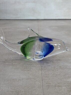 Clear Blown Glass Dolphin with Blue and Green Accents